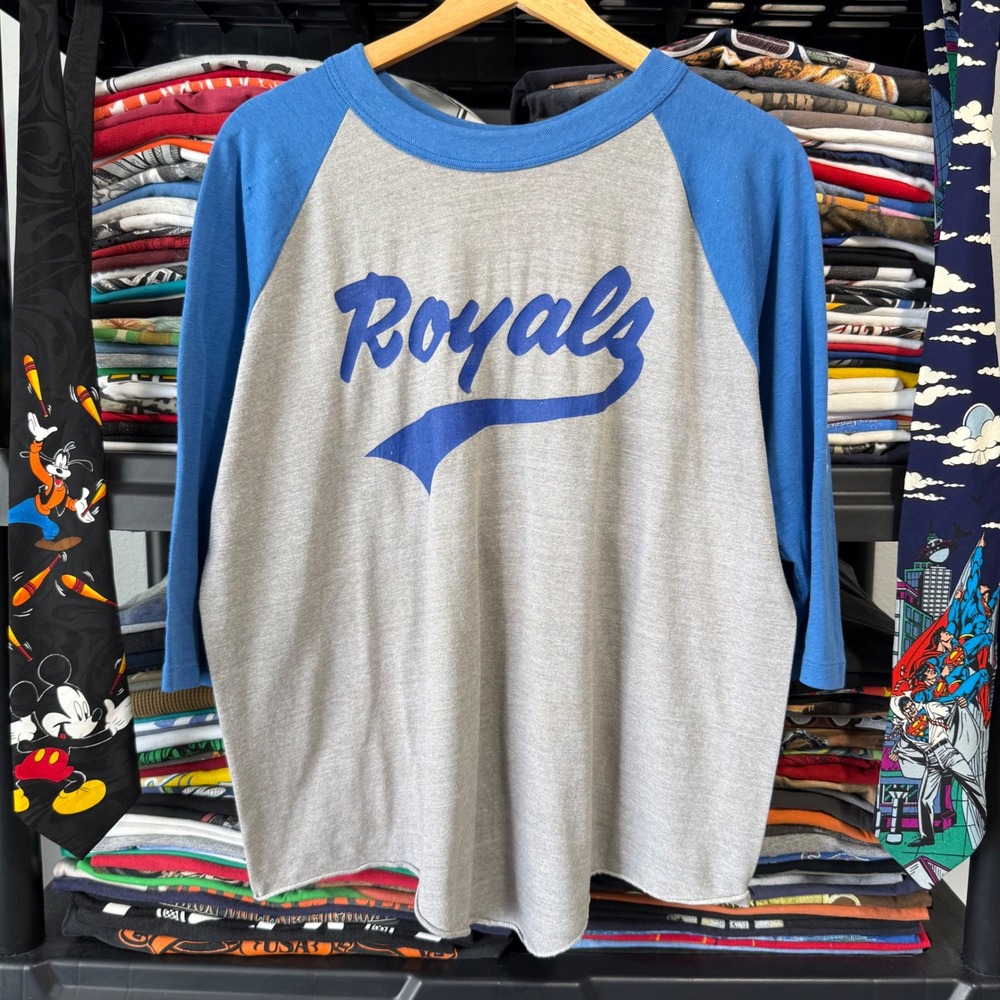 Vintage Grey Blue Kansas City Royals Raglan Baseball Shirt M Light Marks